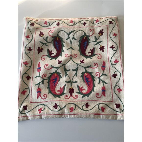 Handmade In Kashmir  embroidered Throw Pillow Case 18x18 Wool Cotton Blend - Picture 2 of 7